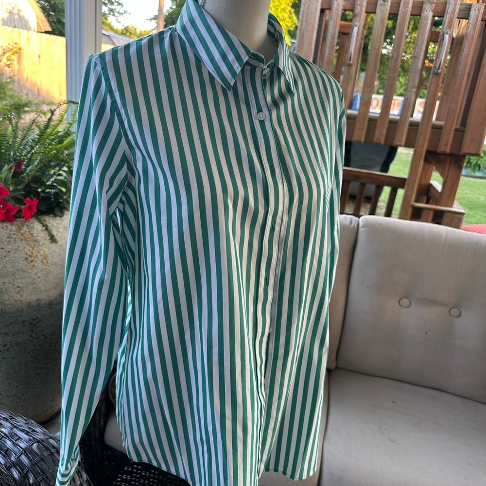 Lands' End Green and White Striped Shirt